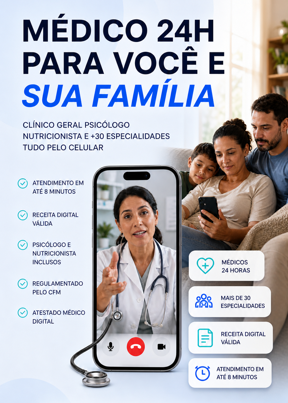 Médico online 24 horas para você e sua família — Doutor Atende Brasil: telemedicina com clínico geral, psicólogo, nutricionista e mais de 30 especialidades médicas acessíveis pelo celular, sem fila e sem sair de casa